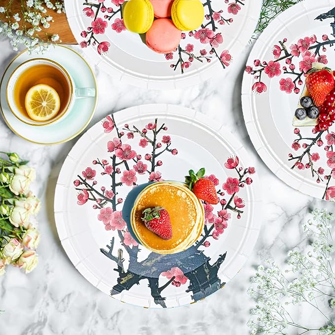 50Pcs Chinese New Year Party Supplies Chinese Japanese Cherry Paper Plates 7"Cherry Blossom Dessert Plates Flowers Plates for Birthday Wedding Chinese New Year Spring Festival Decorations (White)