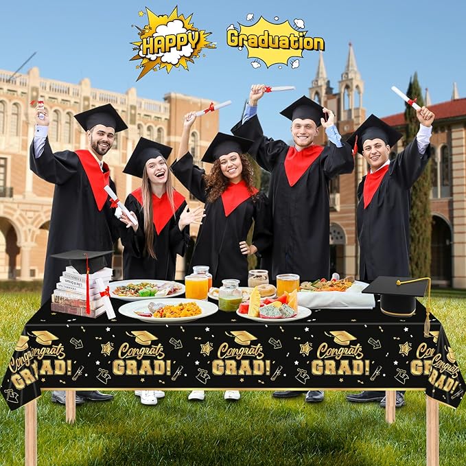 2 Pack Graduation Tablecloth - Congrats Grad Table Cloths, Plastic Disposable Rectangle Black Gold Class of 2026 Table Cover for Graduation Tables Decorations Party Decor Supplies Favors,108 x 54 Inch
