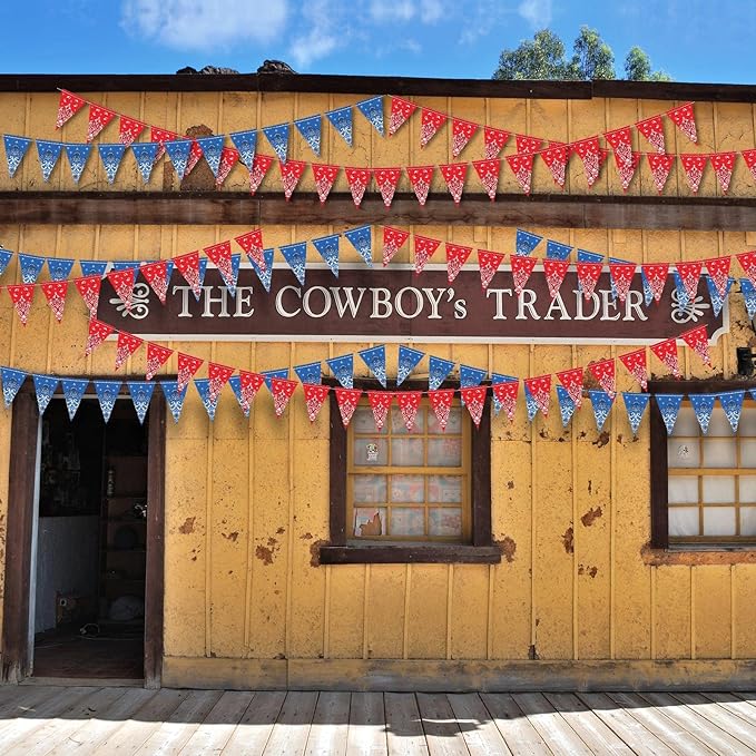 Boao 5 Pack Western Cowboy Party Decorations Bandana Pennant Banner Wild West Decor Western Cowboy Themed Yee Haw Country Party Decoration Supplies 9.8 x 5 ft(Red, Blue Paisley)