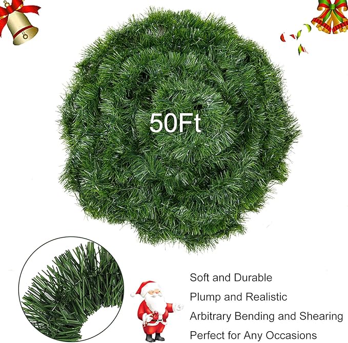 Christmas Garland for Outdoor/Indoor Decoration, Soft Greenery Artificial Garland Decorations, Non-lit Green Xmas Garlands Perfect for Party Home Garden and Holiday Festival Decor, 50 Feet 2 Pack
