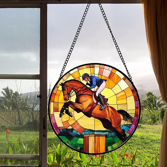 Stained Glass Window Hanging Equestrian Sports Large 11.8" - Horse Suncatcher Door Garden Sunroom Sun Catcher Home Decor Birthday Christmas for Mom Men Woman Nana