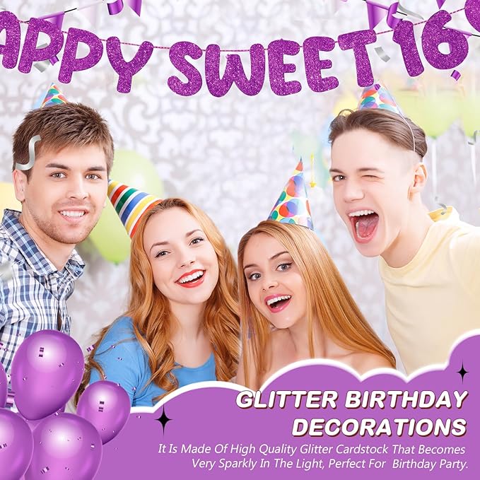 Fulmoon Pre Strung Happy Sweet 16 Banner Glitter Sixteenth Birthday Party Decorations 16th Party Sign Sweet 16 Party Decorations for Birthday Party Bachelorette Party(Dark Purple)