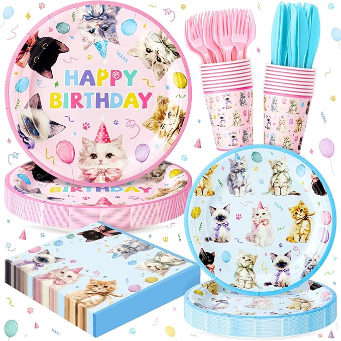 Cats Happy Birthday Party Plates Set, 144PCS Cats Themed Paper Plates Napkins Cups Knives Forks, 24 Set Blue Pink Disposable Tableware Set for Birthday Party Supplies