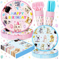 Cats Happy Birthday Party Plates Set, 144PCS Cats Themed Paper Plates Napkins Cups Knives Forks, 24 Set Blue Pink Disposable Tableware Set for Birthday Party Supplies