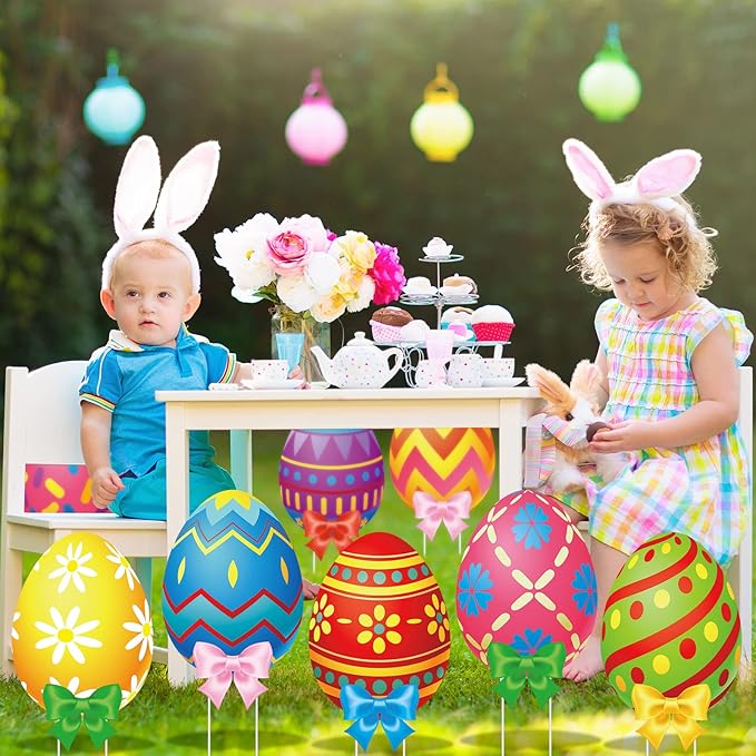 Amyhill 12 Pcs Easter Outdoor Yard Decoration Eggs Garden Lawn Stake Signs with Stakes and Bow Waterproof Corrugated Easter Outdoor Decoration for Patio Lawn Walkway Spring Party Decorations, 12 Style