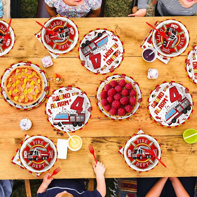 Grencian 96Pcs 4th Fire Truck Birthday Party Supplies Sound Alarm 4th Birthday Plates and Napkins Tableware Set Red White Disposable Decoration for 4 Years Old Fire Theme Fireman Firetruck Serve 24