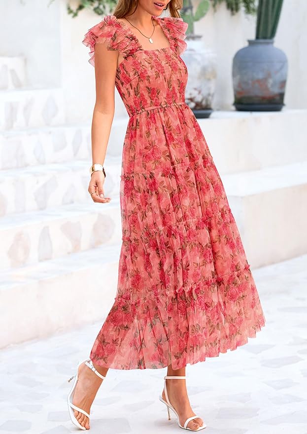 PRETTYGARDEN Women's Summer Tulle Midi Dress Sleeveless Smocked Ruffle Flowy Mesh Dresses Party Wedding Guest Sundress