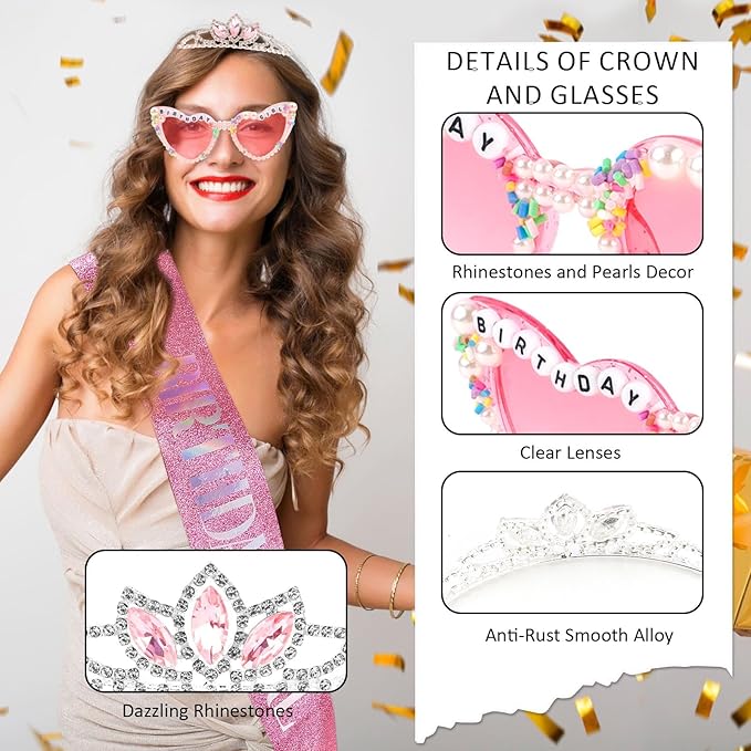 Birthday Girl Sash, Birthday Sash for Girls and Women with Birthday Glasses (Tiara,sash,glasses)