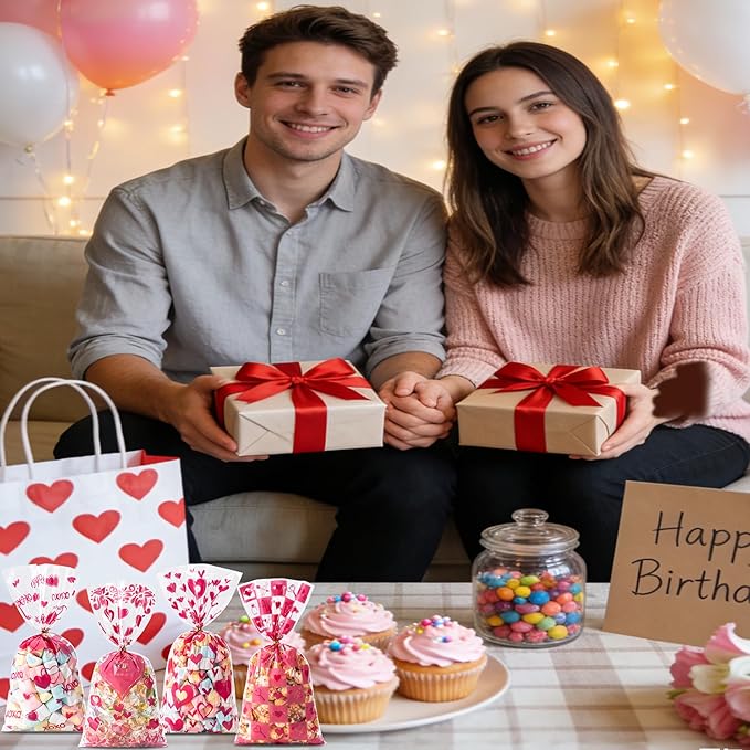 Aegero Valentines Cellophane Bags 120pcs Valentines Candy Bags with 140pcs Twists for Valentine's Candy Cookie Goodie Snack Bag for Valentines Day Wedding Party Favor Supplies,Classroom Parties Valentine04-LOVE and HEART
