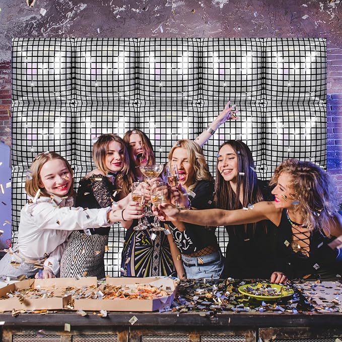 Silver Disco Square Foil Balloons Wall, 25PCS Double Sided Shiny Metallic Silver Square Balloon Backdrop Tunnel Arch Kit Background Decor for Retro 70s 80s 90s Disco Birthdays New Year Graduation
