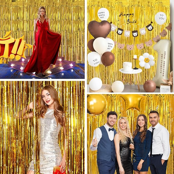 Gold Tinsel Backdrop Easter Decorations 3.3x8.2 ft, 2 Pack Foil Fringe Curtains for New Year, Photo Booth Props Door Streamers for St Patricks Day Birthday Thanksgiving Christmas Halloween Party