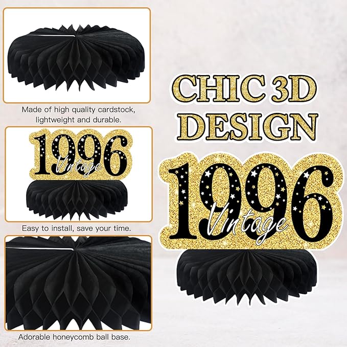 9 Pcs 30th Birthday Decorations Honeycomb Centerpieces for Women Men, Black Gold 1996 Aged to Perfection Vintage Centerpieces for Tables Toppers,Thirty Years Party Decorations Supplies