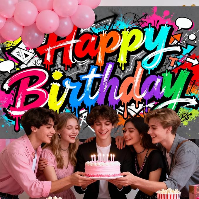 Vibrant Dripping Graffiti Happy Birthday Banner, Large Colorful Backdrop for Kid Teen Party Decor