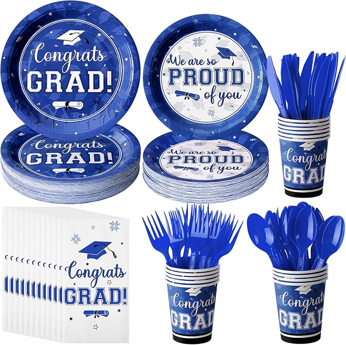Graduation Party Supplies Congrats Grad Plates and Napkins Set Disposable Tableware Paper Plates Napkins Cups Knives Spoons Forks Straws for Class of 2026 Graduation Party Decorations Serve 25 (Blue)