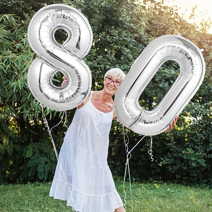 Number Balloons Silver Party Balloon - Giant Number 80 Balloon, 40 Inch Large Balloon for 80th Birthday Decorations, Silver Party Supplies for Anniversary