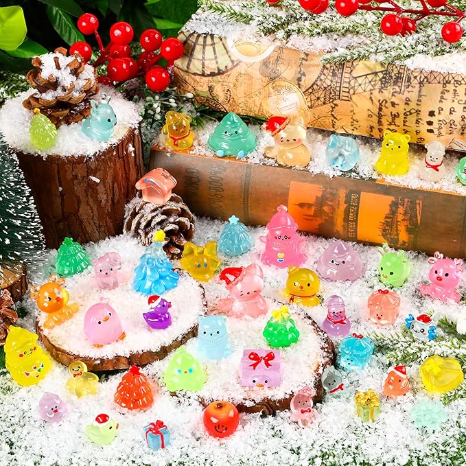 56Pcs Christmas Luminous Mini Figurines 56 Styles Glow in the Dark Tiny Resin Miniatures to Hide Bulk Santa Snowman Bell Snowflake Figurines for Xmas Bag Fillers Party Favors Garden Dollhouse Decor