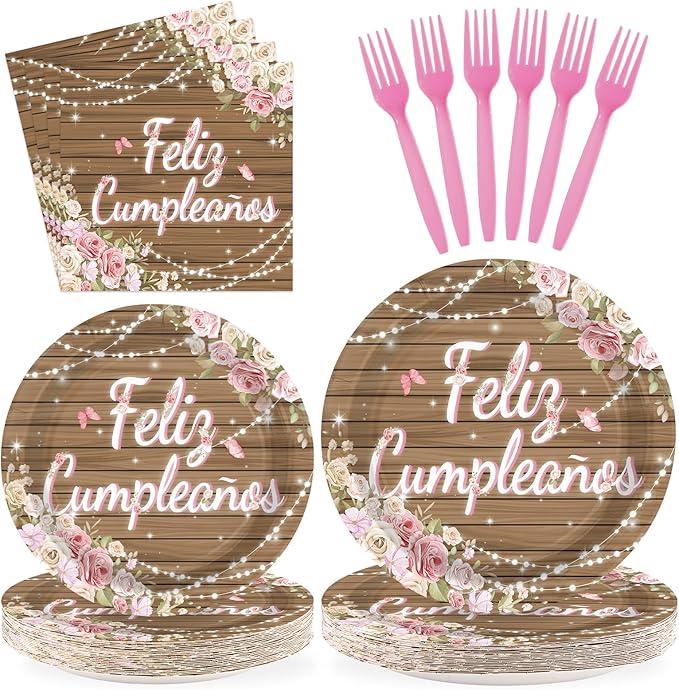 96Pcs Pink Feliz Cumpleaños Party Decorations Pink Wooden Floral Plates and Napkins Mexican Fiesta Birthday Tableware Set for Girls Women Mother's Day Mexico Spanish Birthday Party Supplies, Serves 24
