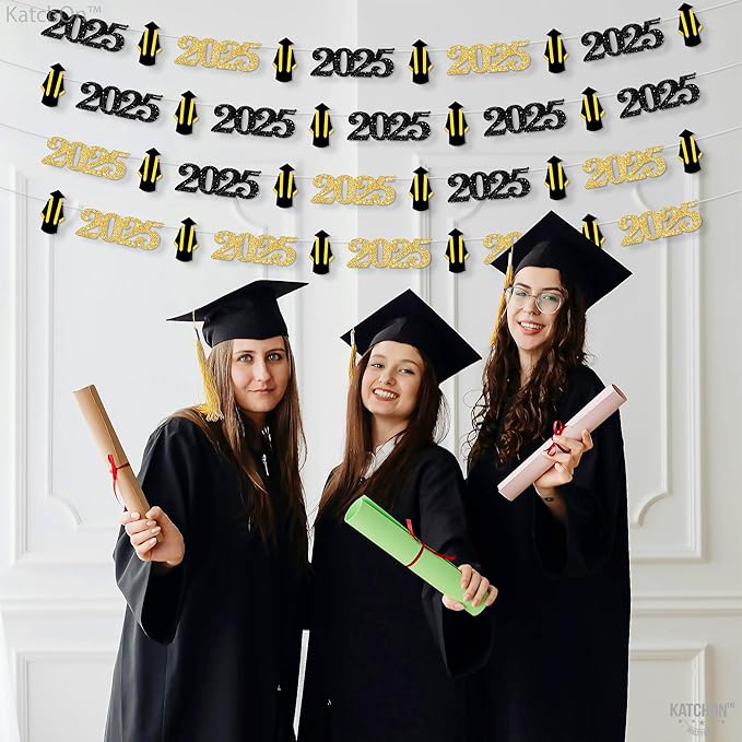 KatchOn, Black and Gold Grad Garland 2025-10 Feet, No DIY | Grad Garland Class of 2025 | Graduation Decorations 2025 | Grad Cap Decor for Graduation Decorations 2025