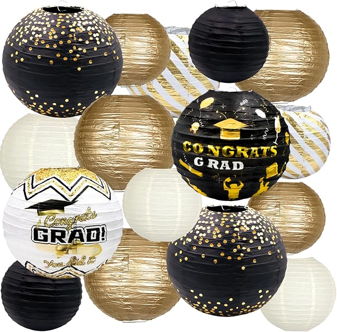 ADLKGG Graduation Paper Lanterns Party Decorations, Black and Gold Hanging Paper Lanterns for Class of 2025 Decorations, Congratulation Graduation Party Supplies, School, Home, Car Grad Decor, 16PCSs