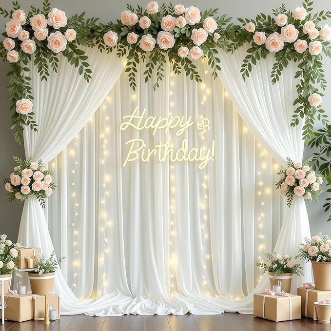 20x10FT Cream White Backdrop Curtains with Lights for Parties,Wrinkle Free Wedding Photo Backdrop Curtains for Baby Shower Birthday Ceremony Reception Home Party Decorations-5ft x 10ft,4 Panels