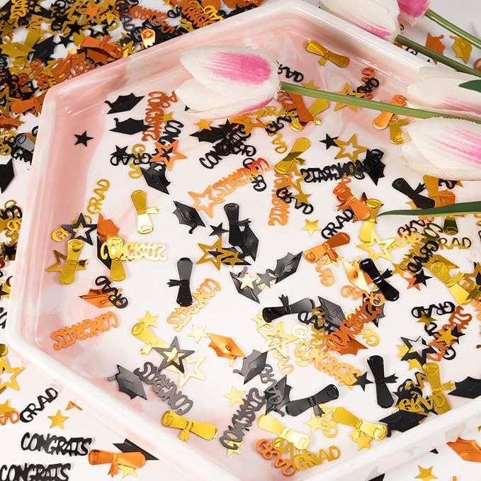 Orange Gold and Black Graduation Confetti 2026, 1000 Pcs Congrats Grad Confetti Class of 2026 Party Table Centerpiece for 2026 Graduation Party Decorations