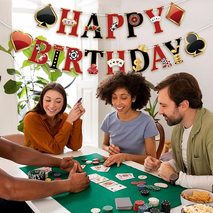 Casino Party Decorations Happy Birthday Banner Casino Party Banner Garland for Las Vegas Poker Night Birthday Party Decorations Casino Party Supplies