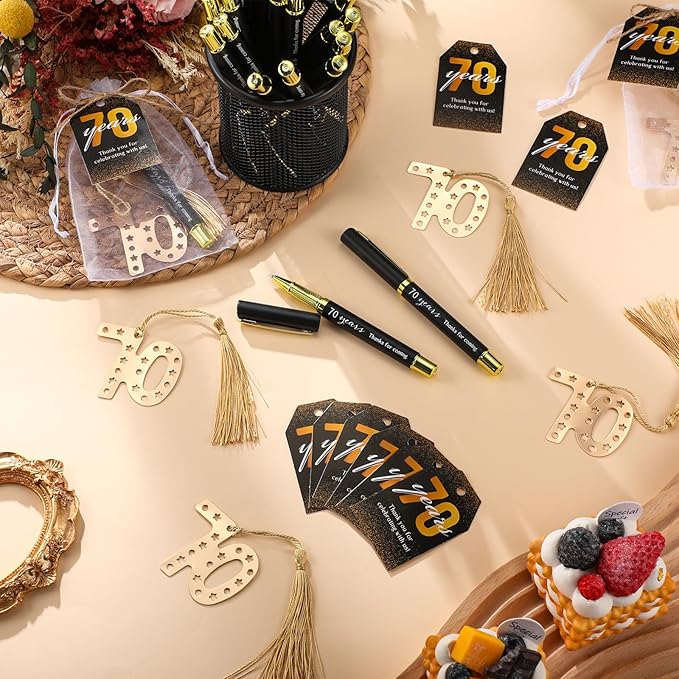 Spakon 25 Set 70th Birthday Party Favor for Guest Anniversary Party Favor Golden Birthday Bookmark Thanks for Coming Pen with Tag Appreciation Gifts for Women Men Wedding New Year