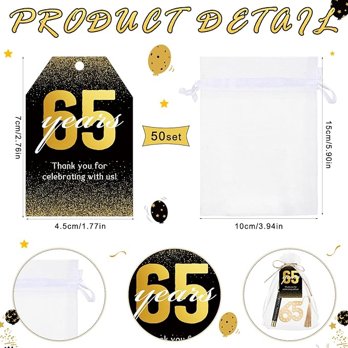 Spakon 25 Set 65th Birthday Party Favor for Guest Anniversary Party Favor Golden Birthday Bookmark Thanks for Coming Pen with Tag Appreciation Gifts for Women Men Wedding New Year