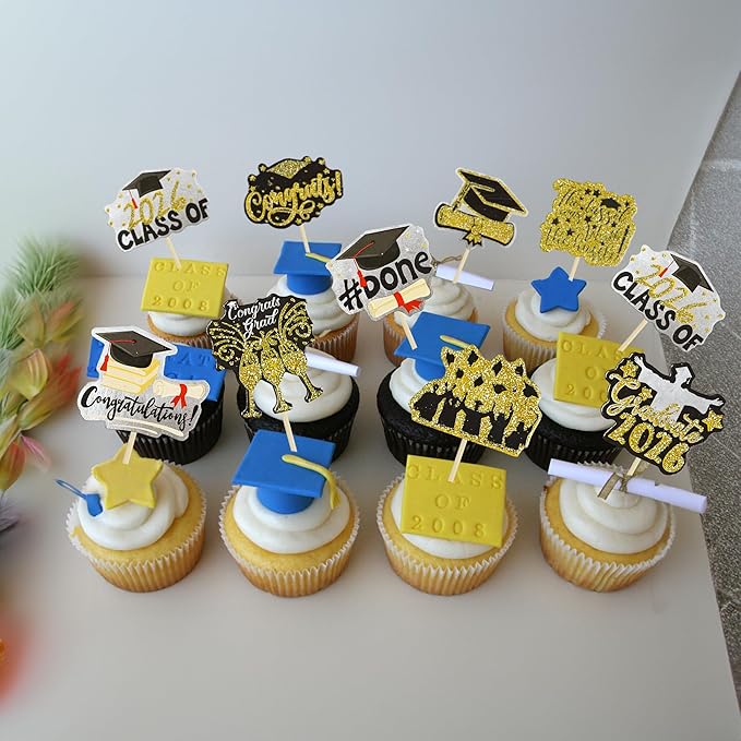 Gyufise 36Pcs 2026 Graduation Cupcake Toppers Glitter Class of 2026 Diploma Graduation Cap Cupcake Picks Class of 2026 Cake Decorations for 2026 Grad Theme Party Supplies