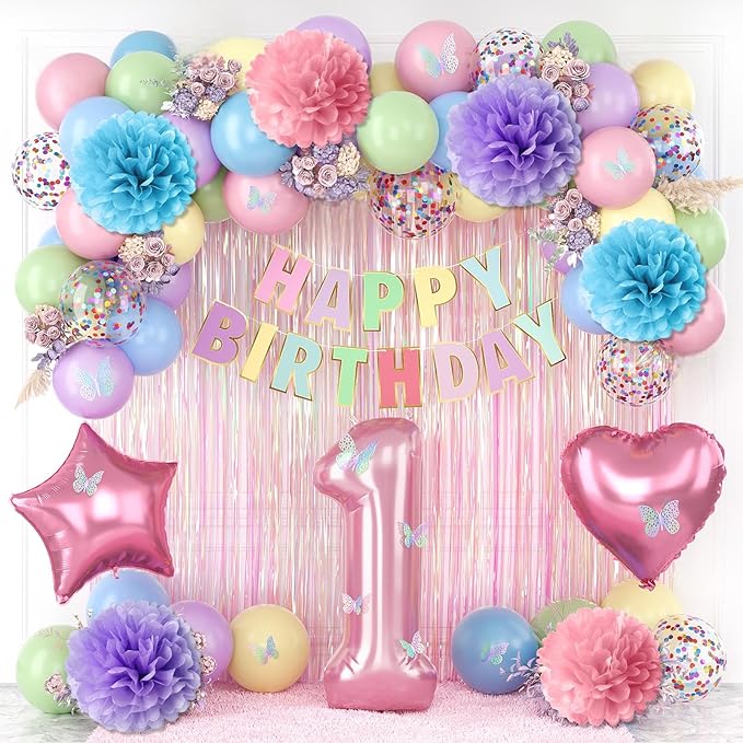 Pastel 1st Birthday Party Decorations for Girls Number 1 Balloon Happy Birthday Banner Butterfly Stickers Fringe Curtain Paper Pom Poms Macaron Pink Star Foil Colorful Balloons Baby 1 Year Old Decor