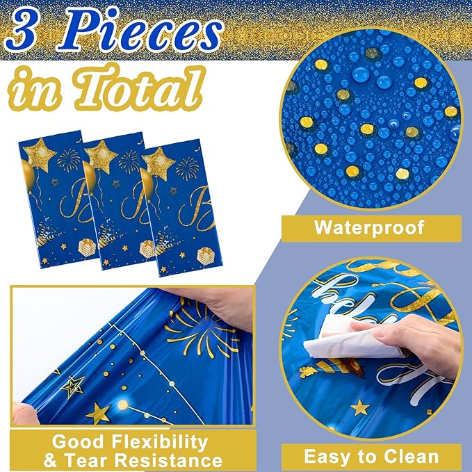 Tudomro 3 Pcs Happy Birthday Tablecloths Happy Birthday Party Decorations Plastic Table Cover Rectangular Cloths for Women Men Baby Shower Party Supplies, 108 x 54 Inch (Blue Gold)