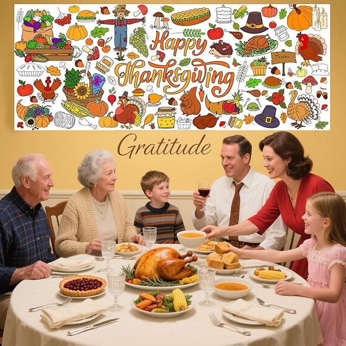 Thanksgiving Giant Coloring Poster,33.8 x 72 Inches Fall Jumbo Paper Tablecloth DIY Art Crafts Mat Turkey Pumpkin Poster Parties for Parent-Child Interaction Autumn Themed Wall Home Classroom Suppiles