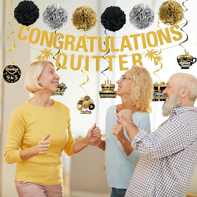 DARUNAXY Black Gold Retirement Party Decorations, This Legend Has Retired Banner Congratulations Quitter Hanging Swirl Honeycomb Confetti Balloons Black & Gold Tissue Paper Pom Poms & Cake Topper