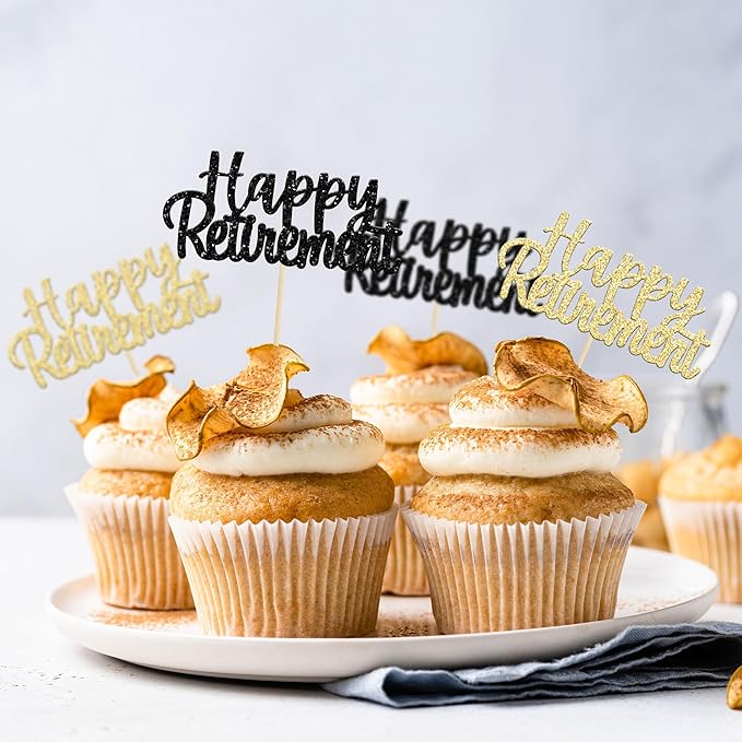 Gyufise Multicolor Glitter Happy Retirement Cupcake Toppers Retired Cake Decorations for Retirement Party Cake Decorations 36 Pack Black and Gold