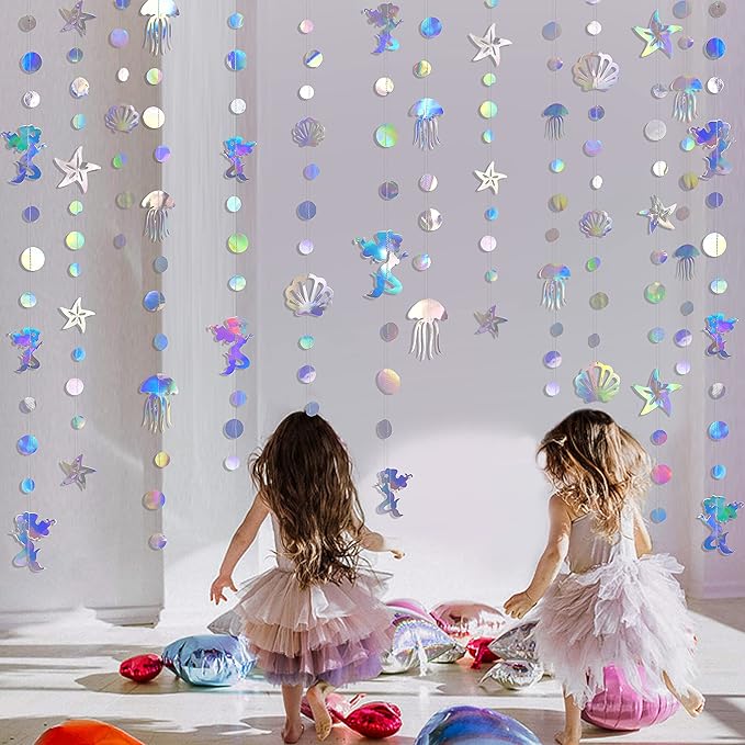 40 Ft Iridescent Mermaid Garland with Jellyfish Seashell Starfish Pearl Holographic Paper Streamer for Little Mermaid Rainbow Theme Birthday Bachelorette Baby Shower Under the Sea Party Decorations