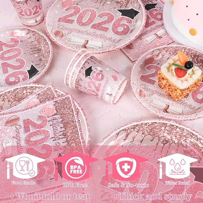 Pink Graduation Decorations Class of 2026, Pink Rose Gold Graduation Party Disposable Paper Plates Napkins Cups Tablecloth for 2026 Graduate Party Decorations Supplies Set, Serve 30