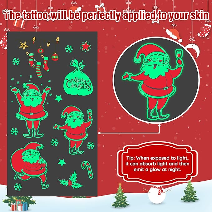 243PCS Christmas Tattoos, 12Sheets Christmas Party Favors, Luminious Xmas Tattoos Stocking Stuff, Xmas Stickers, Bulk Xmas Holiday Ugly Sweater Party Supplies Accessories Candy