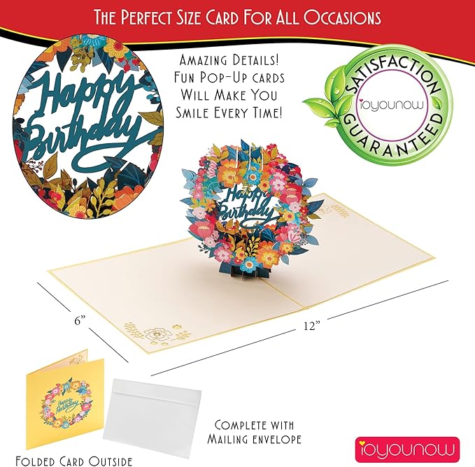 Wreath Flowers Pop Up Card – 6x12 Inch Happy Birthday Stunning 3D Paper Popup Cards to Make Special Day More Unique | Pop Up Flower Card for Kids & Adults