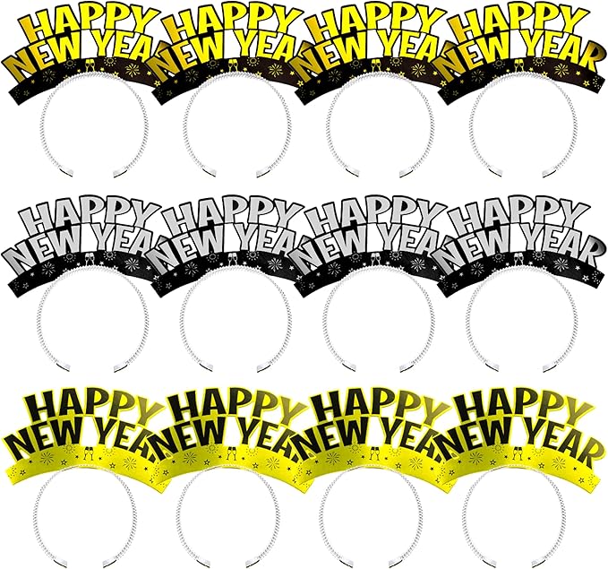 Melisheer 12 PCS New Years Eve Party Supplies, Happy New Years Headband Party Favors Gold Silver Black Headband Accessories