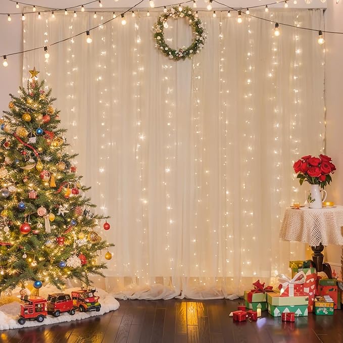 10ft x 8ft Champagne Backdrop Curtain with Lights String for Parties, Sheer Tulle Wedding Photo Backdrops Drapes for Baby Shower Birthday Party Decorations Background for Photography