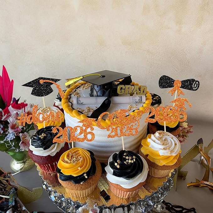 Gyufise 30Pcs 2026 Graduation Cupcake Toppers Orange Glitter Class of 2026 Done Cupcake Picks Grad Cap Diploma Cake Decorations for 2026 Graduation Theme Party Cake Decorations Supplies