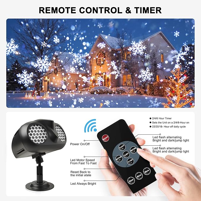 Christmas Projector Lights Outdoor, Dual Head Dynamic Snowflake Projector with RF Remote & Timer, IP65 Waterproof 360° Rotating LED Snow Projection for Garden, Patio, Wall, Indoor/Outdoor Decoration