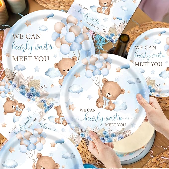 Bear Baby Shower Decorations for Boy – 193 Pcs We Can Bearly Wait Party Supplies for 24 Guests, Includes Plates, Napkins, Cutlery, Tablecloth – Blue Bear Theme Baby Shower Decor