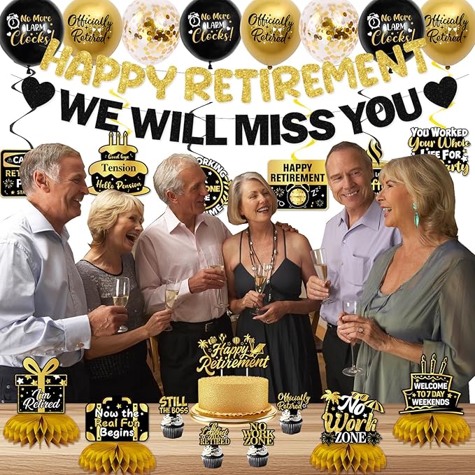 Retirement Party Decorations Men Women, Black Gold Happy Retirement Decorations, Pre-Strung Happy Retlrement & We Will Miss You Banner, Balloons, Hanging Swirl, Cake Topper, Retired Sash Honeycomb Set