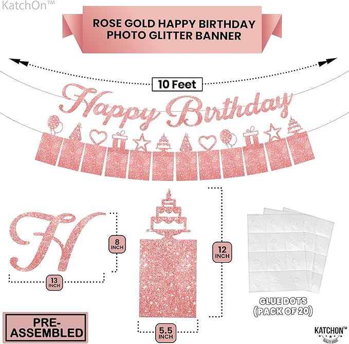 KatchOn, Glitter Rose Gold Happy Birthday Photo Banner - Prestrung, 10 Feet | Bday Picture Banner Decoration for Happy Birthday Decorations | Rose Gold Party Decorations