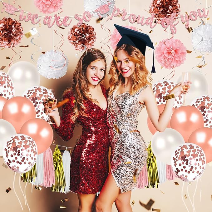 Graduation Decorations 2026 Pink Class of 2026 We Are So Proud of You Banner, Rose Gold 2026 Balloons for Pink Graduation Confetti Party Decorations