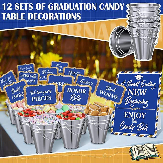 12 Set 2026 Graduation Candy Buffet Party Decoration Graduation Table Candy Bar Snack Labels Signs and 5'' Buckets with Handle for Class of 2026 Party Parties Supplies(Pure Style,Blue)
