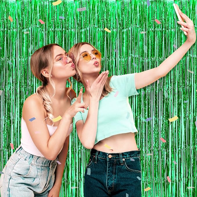 3 Pack Green Foil Fringe Curtain Backdrop, 3.28Ft x 6.6Ft Metallic Tinsel Foil Fringe Streamer Curtains for Photo Booth, Christmas Day, Thanksgiving, Wedding, New Year Party Decorations