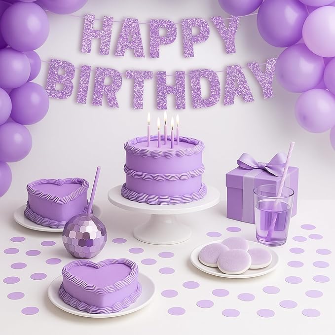 Pre-strung Happy Birthday Banner - No DIY - Purple Glitter Happy Birthday Party Banner for Girls & Women - Pre-strung on 8ft Strands - Light Pastel Purple Bday Party Decorations. Did We Mention No DIY