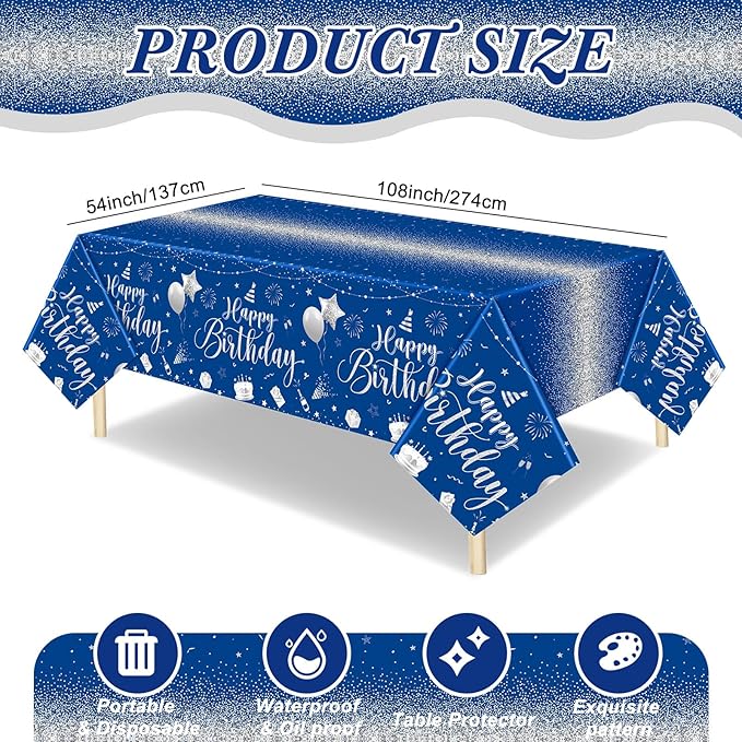 Tudomro 3 Pcs Happy Birthday Tablecloths Happy Birthday Party Decorations Plastic Table Cover Rectangular Cloths for Women Men Baby Shower Party Supplies, 108 x 54 Inch (Blue Silver)
